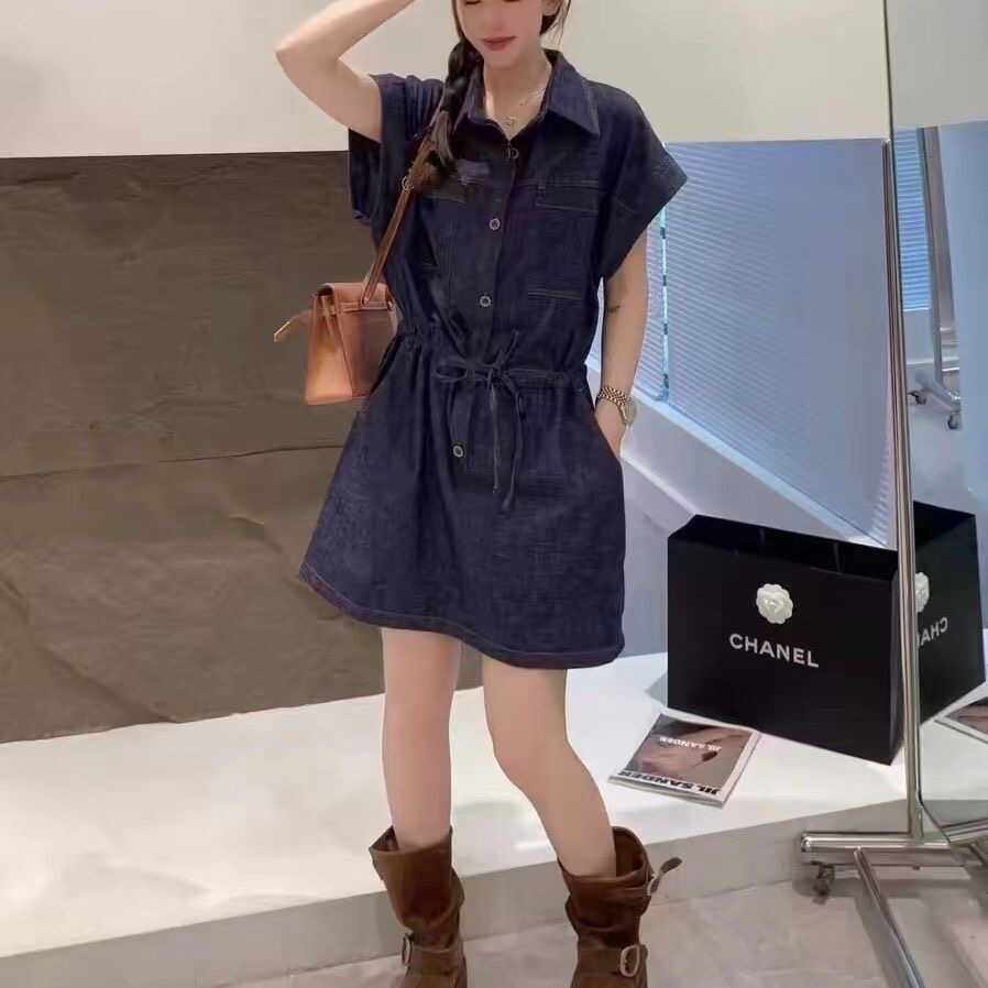 夏季欧货新款牛仔连衣裙女薄款松紧收腰宽松显瘦半身裙胖mm大码裙