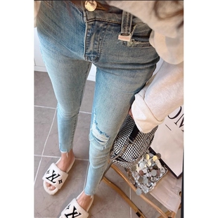 百搭九分铅笔裤 弹力修身 女春夏高腰紧身显瘦小脚裤 浅色破洞牛仔裤