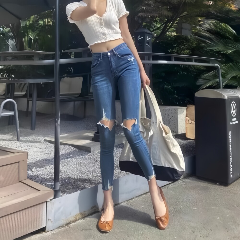 欧洲站破洞牛仔裤女夏季新款高腰弹力紧身显瘦铅笔裤小脚裤九分裤