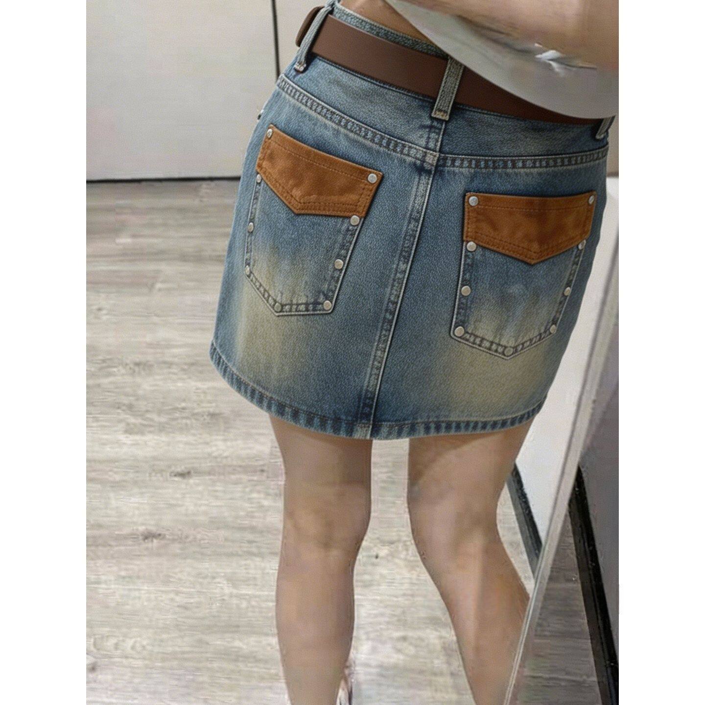蓝色重工气质牛仔短裙女士夏季新款大码高腰显瘦提臀百搭半身裙子