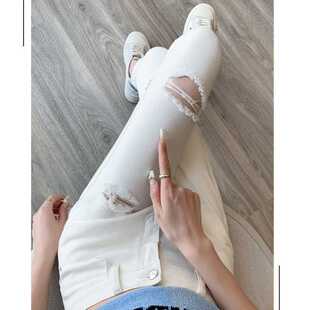 白色牛仔裤女秋季新款破洞高腰小脚裤弹力修身紧身韩国ins九分裤