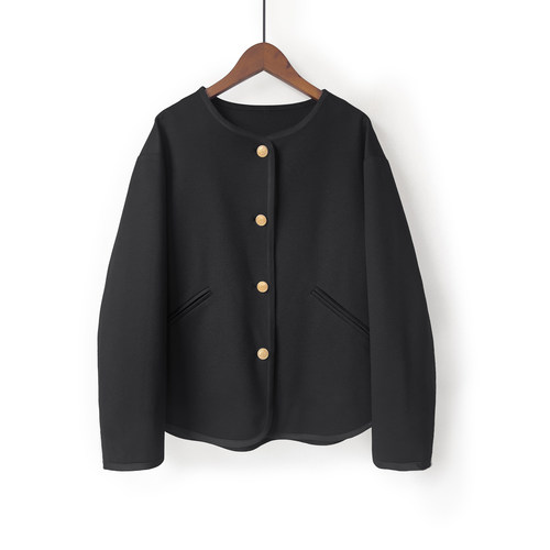 春秋新款长袖短外套女宽松开衫上衣黑色无领圆领西装百搭显瘦