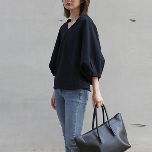 T恤显瘦气质衬衣个性 新款 百搭长袖 女宽松九分袖 v领垂感套头衬衫