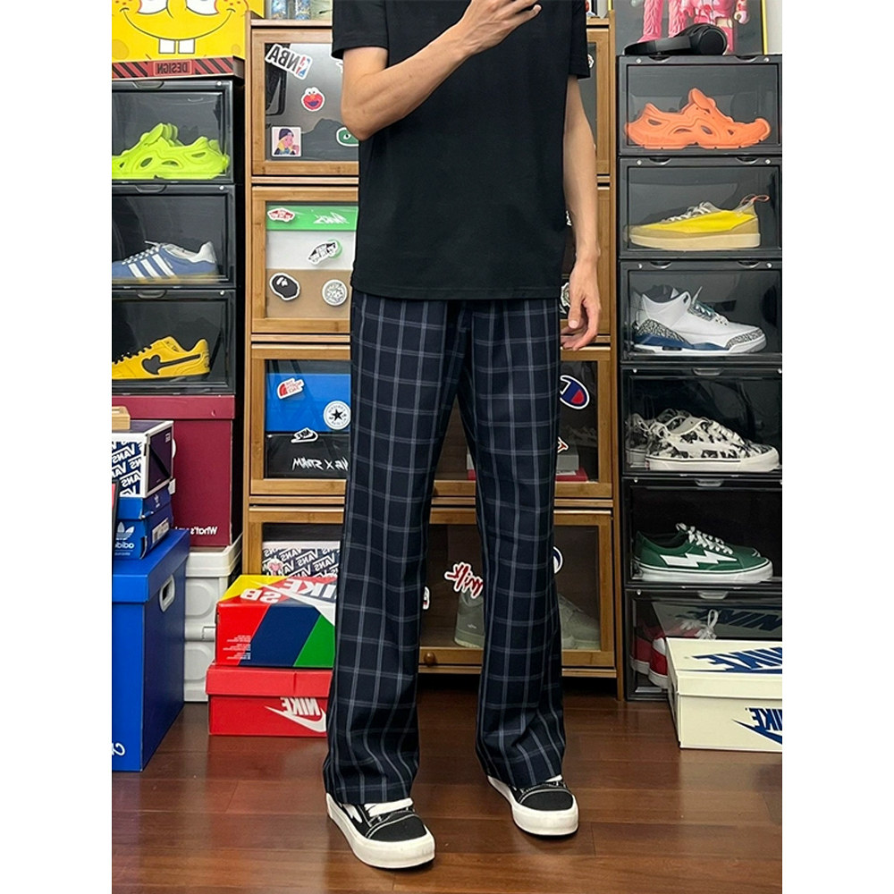 格子裤子男春秋季薄款潮牌速干运动卫裤休闲微喇直筒裤宽松大码
