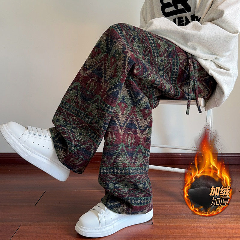 复古民族风阔腿裤男女秋冬新款加绒垂感慵懒休闲宽松直筒裤子