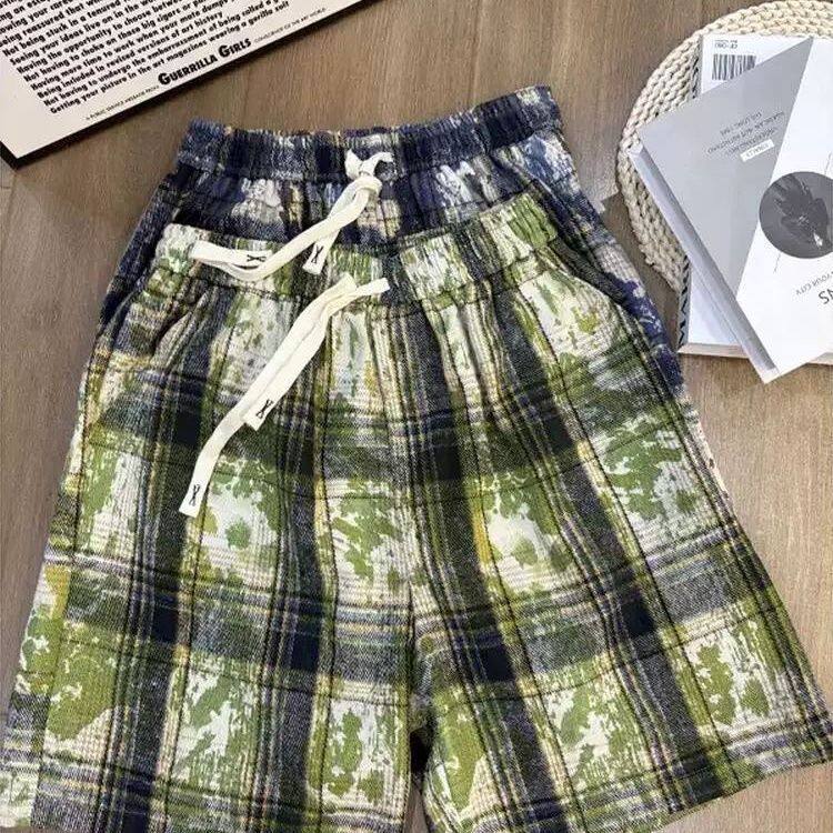 美式复古工装短裤男女夏季薄款户外宽松休闲裤撞色格子休闲五分裤