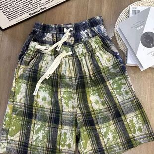 美式复古工装短裤男女夏季薄款户外宽松休闲裤撞色格子休闲五分裤