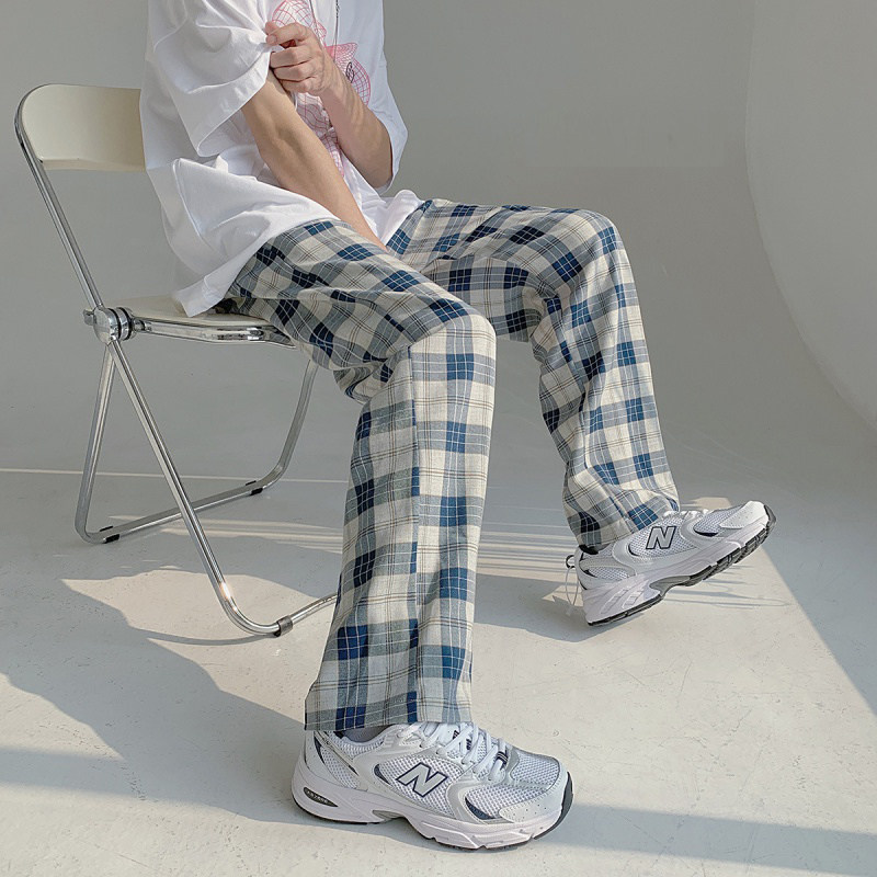 春秋季格子休闲裤男港风潮流痞帅裤子薄款潮牌宽松直筒阔腿长裤