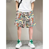 新款 潮牌痞帅休闲裤 男士 百搭薄款 设计感印花短裤 宽松五分裤 男夏季