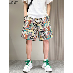 新款 潮牌痞帅休闲裤 男士 百搭薄款 设计感印花短裤 宽松五分裤 男夏季