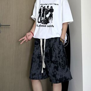 水墨风黑色短裤男款夏季薄款休闲运动中裤国风复古垂感五分裤子