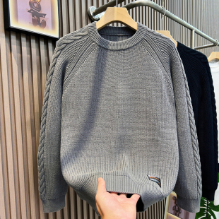 2025年秋冬季新款黑色毛衣男日系绞花上衣男士宽松大码内搭针织衫