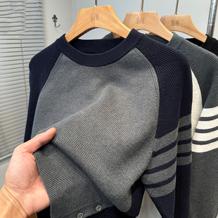 拼色插肩袖拉链圆领毛衣男款秋冬季韩版宽松tb针织外套运动休闲