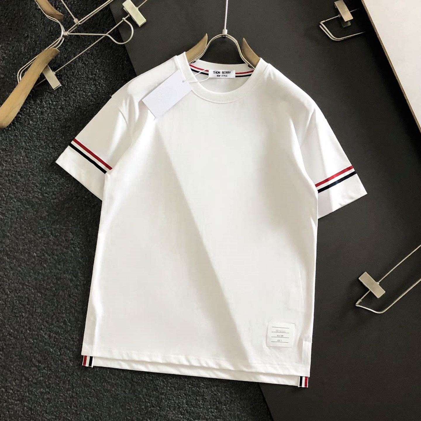 设计感下摆开叉tb短袖t恤男装夏季新款潮流轻奢织带拼接半袖上衣