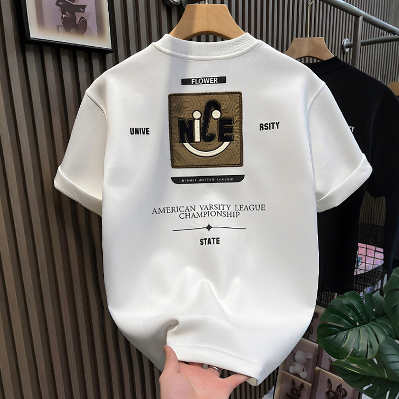 2026年新款韩版时尚潮流刺绣印花帅气男士短袖圆领百搭休闲打底衫