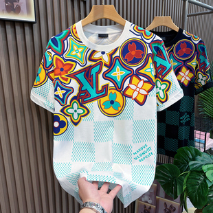 欧洲站高端短袖t恤男2026夏季新款潮流微阔圆领时尚印花男士体恤