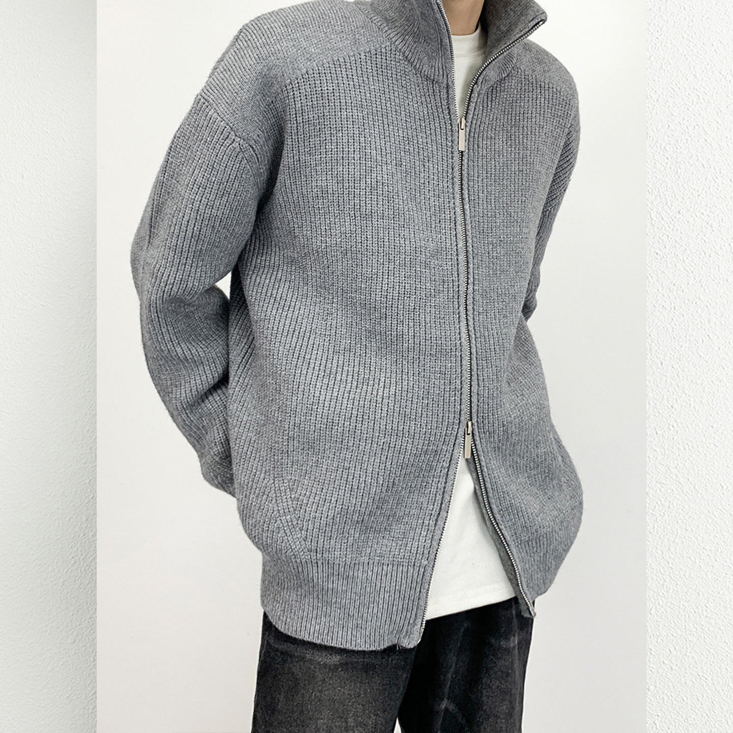 百搭纯色拉链开衫男针织衫秋冬季爆款修身毛衣外套男立领半高外搭