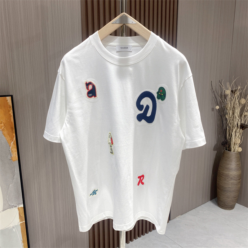 2026夏季男士圆领短袖T恤字母刺绣贴标落肩潮牌上衣弹力休闲痞帅