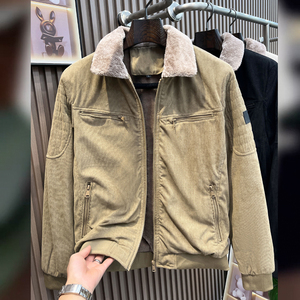 翻领外套男秋冬季新款高端宽松工装棉服加绒加厚保暖灯芯绒夹克衫