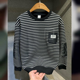 2025年秋冬新款圆领套头条纹卫衣男潮牌时尚休闲冬装加绒长袖上衣