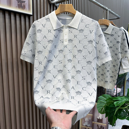 老钱风夏季针织polo衫男士翻领短袖大码修身提花商务毛衣半袖打底