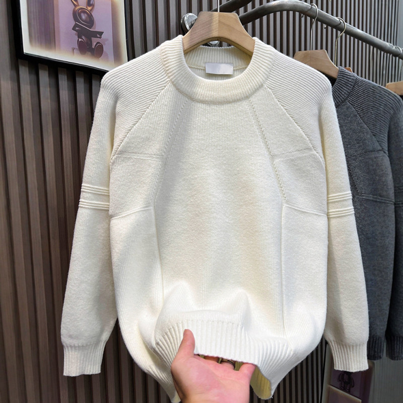 设计感圆领毛衣男士秋冬季新款拼接纯色毛线衣潮休闲打底针织衫男