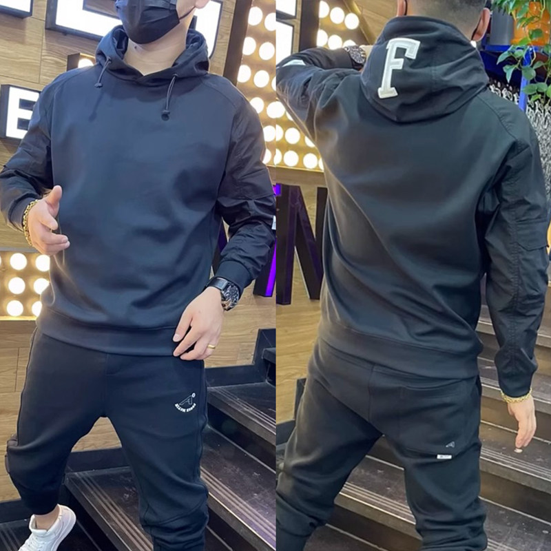 黑色连帽卫衣男秋季新款百搭宽松青年休闲上衣服潮流运动拼接外套