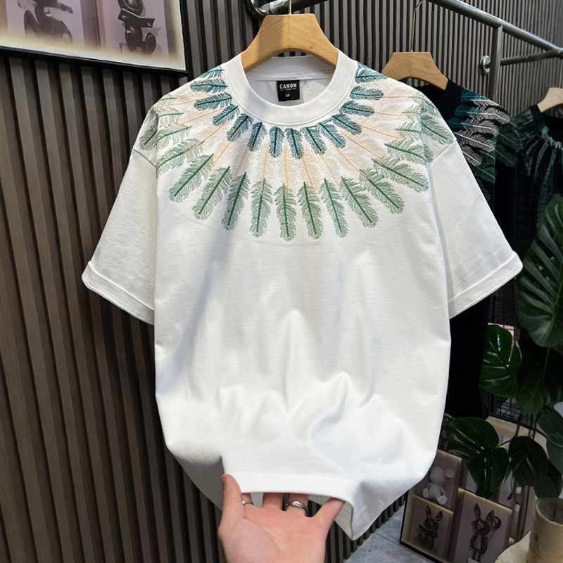 短袖T恤男2026夏季潮流重磅个性休闲圆领美式复古刺绣半袖上衣服