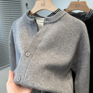 衬衫领假两件针织开衫男秋冬季新款毛衣外套男装保罗外搭潮流休闲