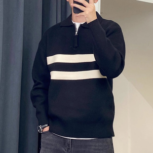 黑白条纹立领半拉链毛衣男秋冬季休闲宽松慵懒风套头针织衫外套