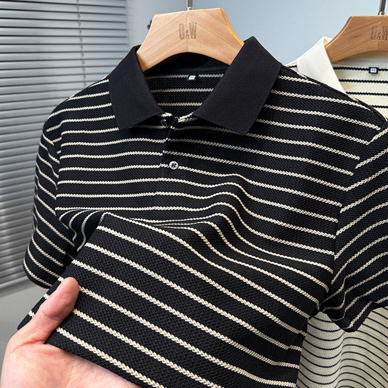 黑白条纹短袖t恤男2026新款夏装青年休闲潮流polo衫男上衣服翻领