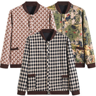 妈妈外套春秋中老年人女薄款夹克开衫新款格子宽松短款上衣老太太