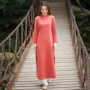 Mùa xuân và mùa thu váy cotton và vải lanh sườn xám trong phần dài của phong cách văn học Trung Quốc retro phụ nữ zen quần áo trà cải tiến váy Hanfu - Váy dài váy hoa dài