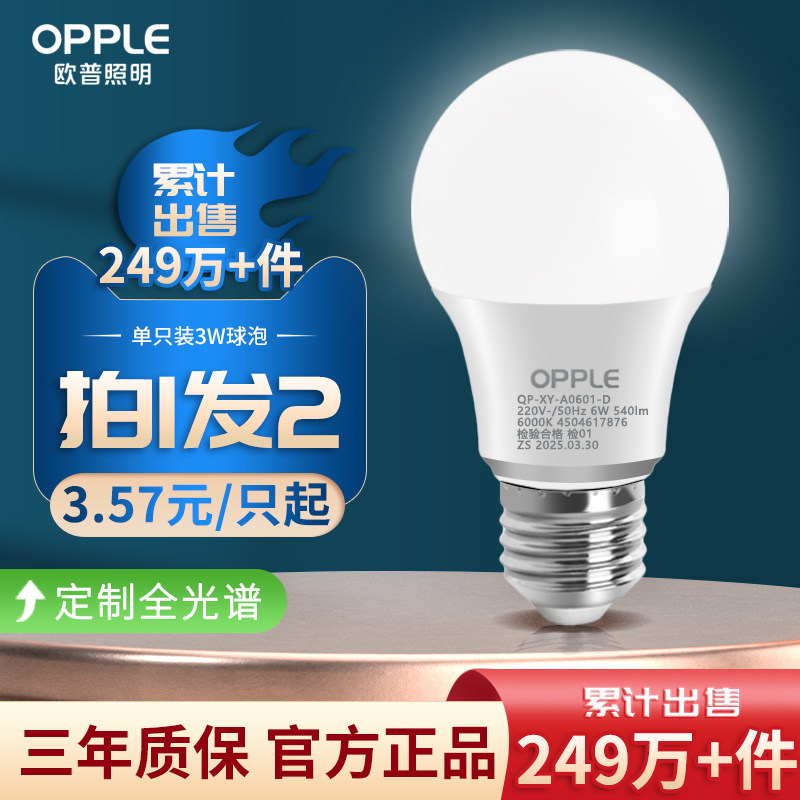 欧普照明led灯泡全光谱e27/e14大小螺口超亮家用台灯球泡节能灯6W