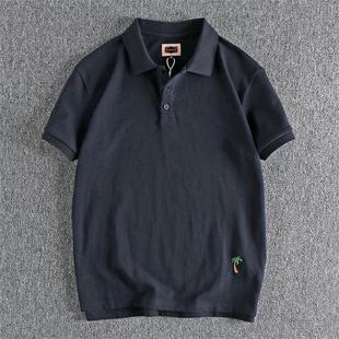 宽松休闲翻领短袖 大码 夏季 300斤复古椰树刺绣珠地polo衫 t恤潮 男装