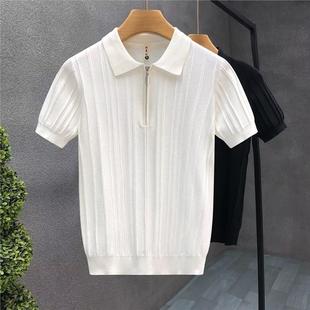 男士 冰丝T恤翻领修身 夏季 拉链polo针织短袖 轻熟风t恤 韩版 休闲时尚