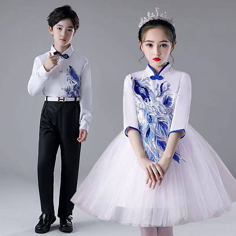 新款青花瓷大合唱服演出服女男小学生幼儿合唱团诗歌朗诵表演服装
