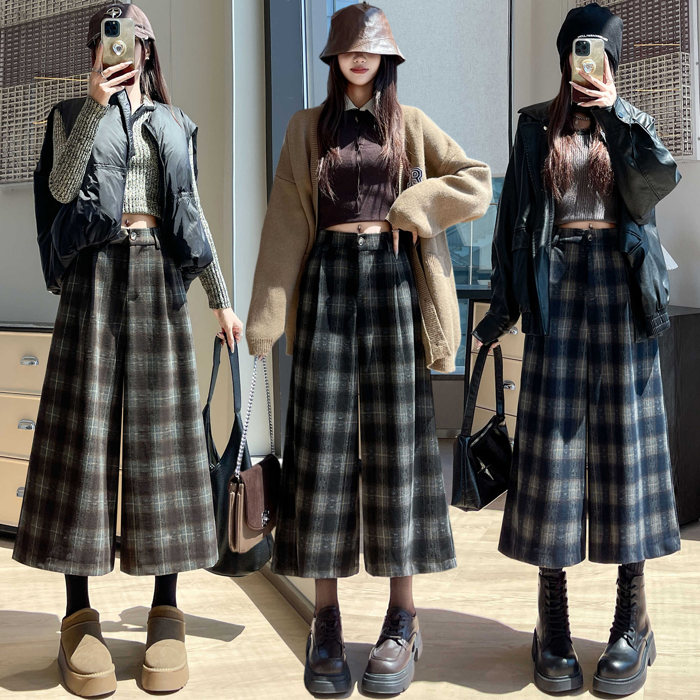 实拍加绒毛呢格子阔腿裤女2025秋冬小个子显瘦外穿休闲直筒七分裤