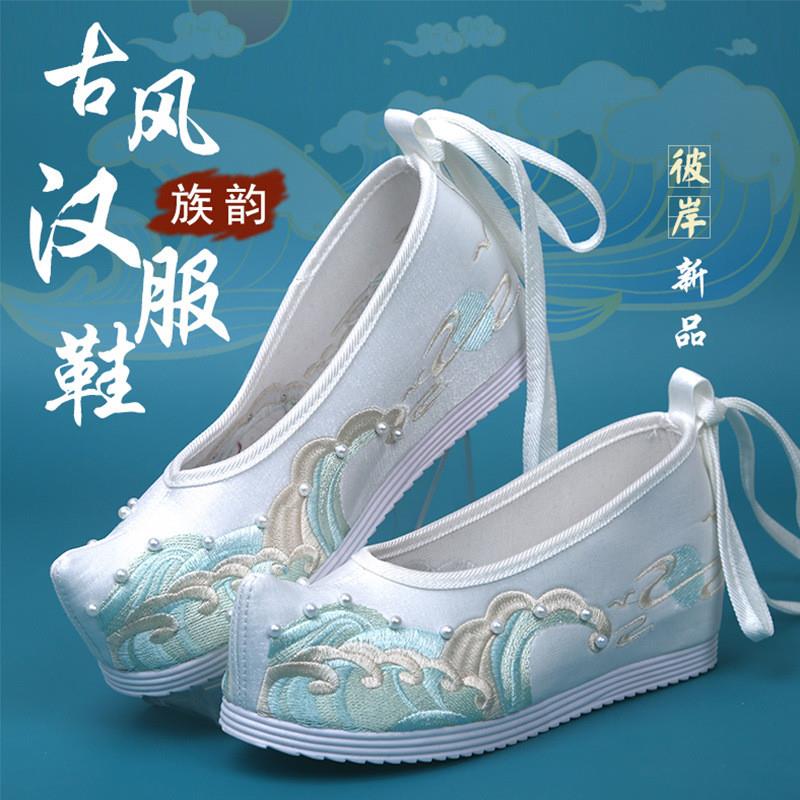 春夏秋原创汉服鞋子女古风绣花鞋搭配古装鞋内增高翘头弓鞋淡雅