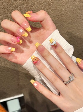 【夏日少女】艺禾黄色法式格纹黄油猫穿戴甲美甲甜美手工美甲