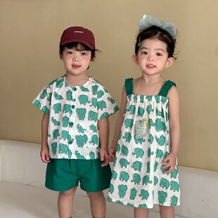 儿童夏季衬衫套装男童海边度假2026新款宝宝女童吊带连衣裙兄妹装