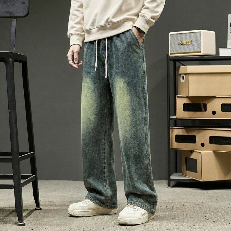 男士牛仔裤新款男生长裤美式弯刀春季复古直筒裤休闲宽松水洗裤子