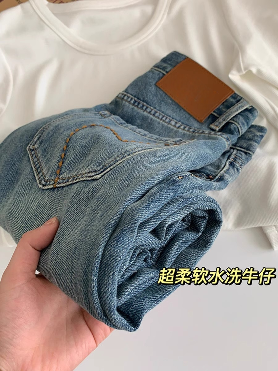 高腰弹力哈伦牛仔裤女2025春季新款大码胖妹妹显瘦复古卷边阔腿裤