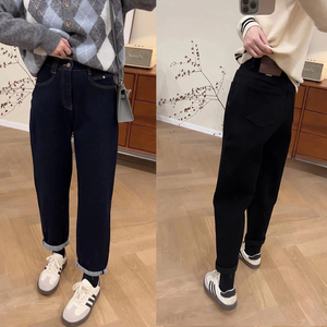 秋冬加绒深蓝色弹力哈伦牛仔裤女显瘦大码胖mm梨形身材直筒老爹裤