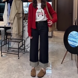 深蓝色直筒牛仔裤女大码秋季新款胖妹妹mm梨形身材宽松弹力阔腿裤