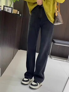 秋冬新款加绒黑灰色窄版牛仔裤女大码胖mm显瘦梨形身材直筒长裤子