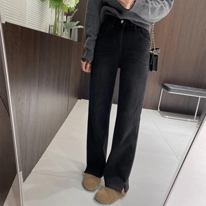 黑灰色直筒牛仔裤女大码胖妹妹mm春季新款梨形高腰显瘦窄版阔腿裤
