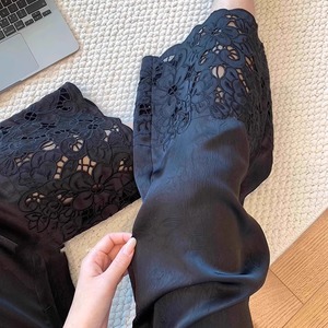 黑色新中式镂空休闲裤女夏季薄款大码胖妹妹显瘦高腰肌理感九分裤
