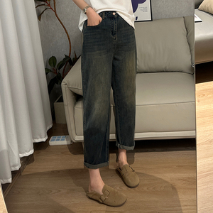 秋季2023新款大码女装高腰哈伦牛仔裤显瘦胖mm梨型身材直筒老爹裤