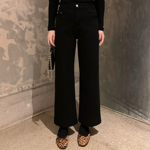 大码女装秋冬加绒黑色直筒裤显瘦胖mm梨形身材裤子宽松阔腿牛仔裤